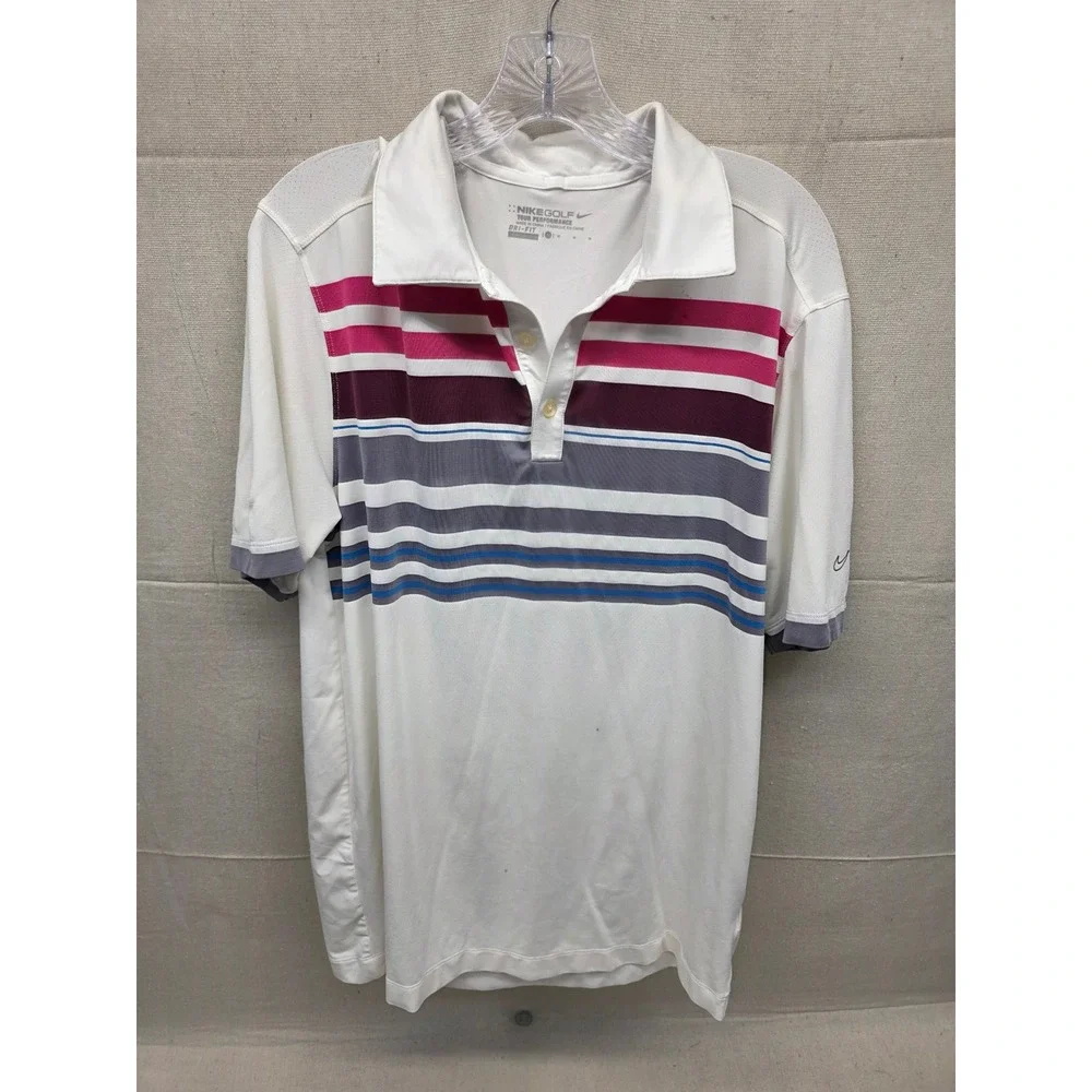 Nike Golf‎ Tour Performance Dri-Fit Striped Polo Shirt Mens Medium White Multi